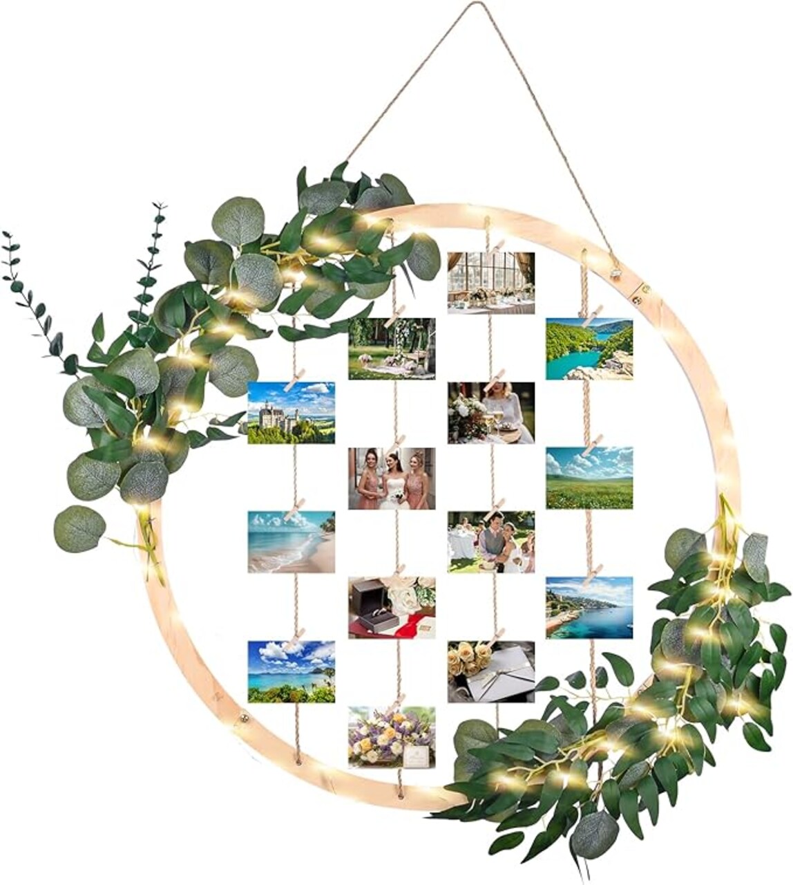 Large Round Picture Frames Collage Wall Decor 23.62" Wood Collage Picture Frames DIY Photo Collage Frame with 50 Clips and LED Light for Wedding Season Baby Shower Christmas Holiday Gift